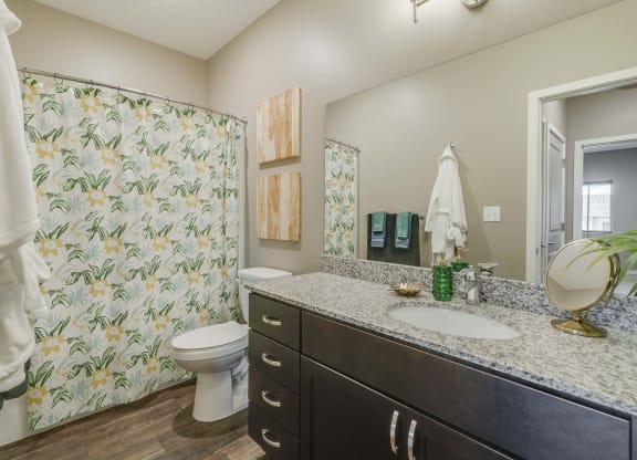Large bathroom with granite countertop at The Flats at Shadow Creek new luxury apartments in east Lincoln NE 68520