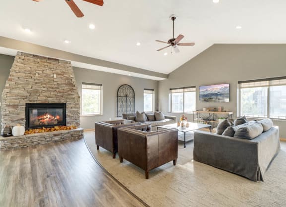 Renovated great room with fireplace  at Grand Legacy apartments and townhomes in west Omaha NE 68130