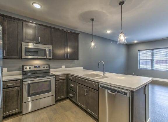 Kitchen with stainless steel appliances and dark wood cabinetry at The Helen