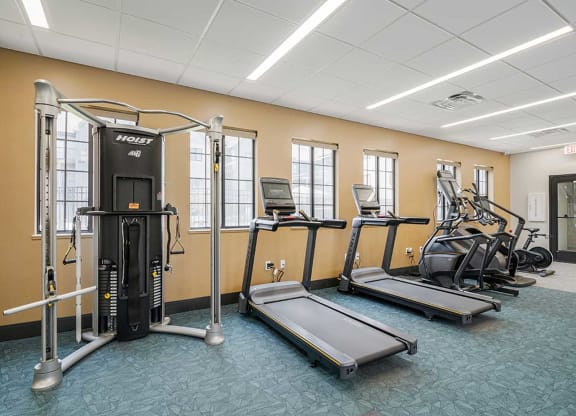a fitness center with exercise machines, treadmills, and ellipticals