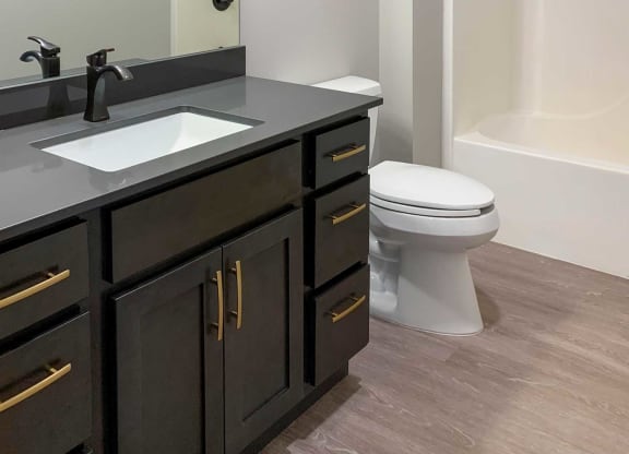 a bathroom with a vanity sink that has dark cabinets and countertops