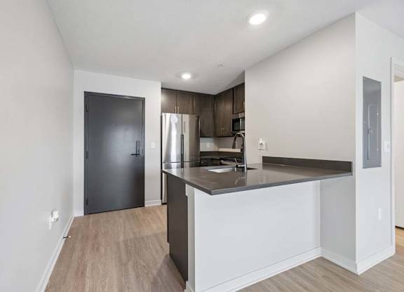 Open-concept apartment kitchen with dark cabinetry, a peninsula breakfast bar, stainless steel appliances, and wood-style flooring extending into the living area.