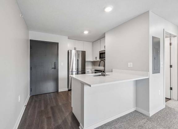 Apartment kitchen with peninsula seating, stainless steel appliances, and dark wood-style flooring.