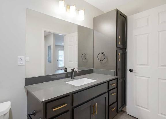 The hallway bath featuring a large vanity sink with tall cabinet storage on the right side
