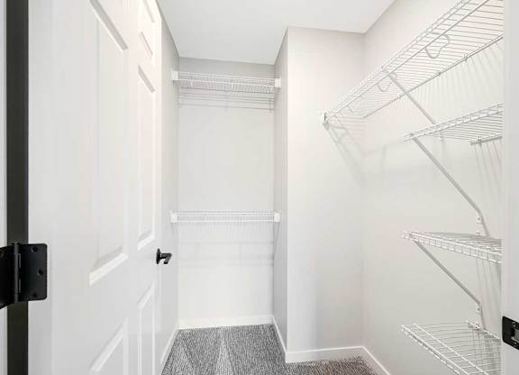 The second bedroom's walk in closet with built-in shelving