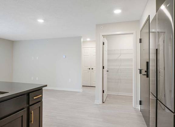 A walk-in kitchen pantry featuring built-in shelving