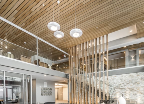 Clubhouse interior with seating area and skywalk