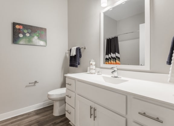 Interiors- Bathroom with white cabinets and white, cultured-marble countertops at The Preserve at Normandale Lake