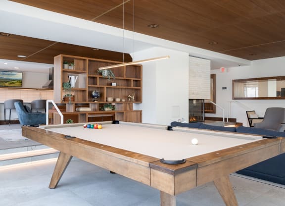 Entertainment suite pool table with couch seating behind the table.