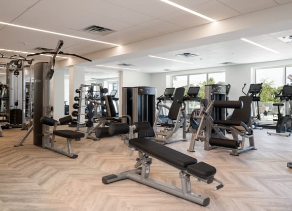 Community gym with a variety of workout and fitness equipment at The Rowan