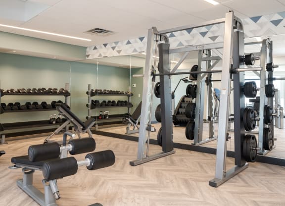 Community gym with a variety of workout and fitness equipment at The Rowan