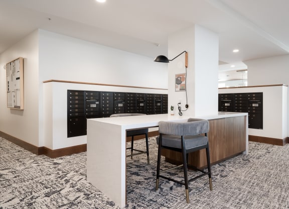 Mail room with secure mail boxes and parcel lockers.