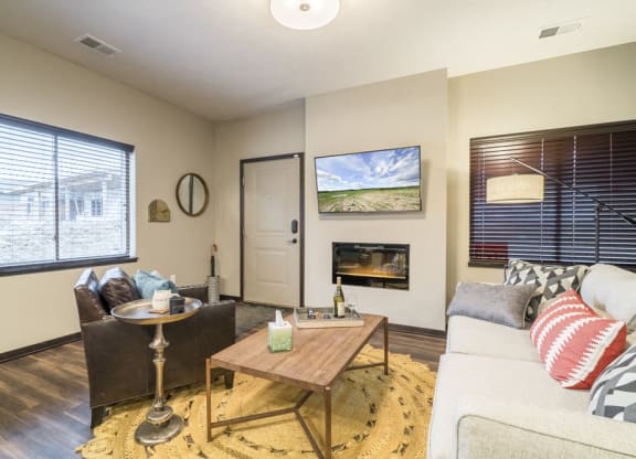 Interiors-Living room view of a 1 bedroom apartment with large windows