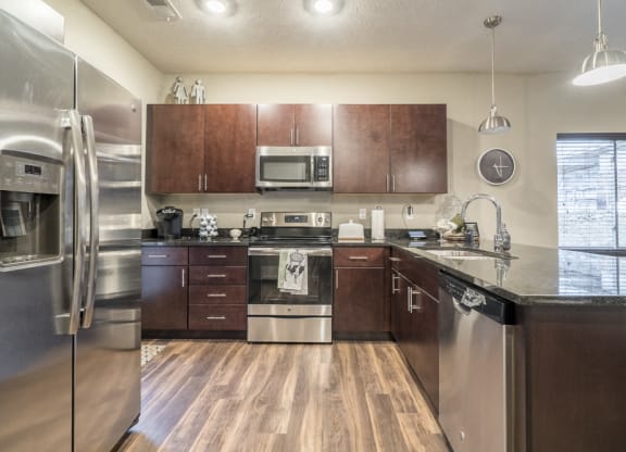 Interiors-1 bedroom apartment kitchen in traditional design scheme with dark cabinetry and stainless steel appliances