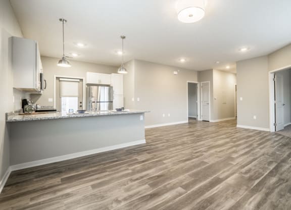 Interiors-Contemporary design scheme showcasing open layout with living room and kitchen at The Villas at Falling Waters