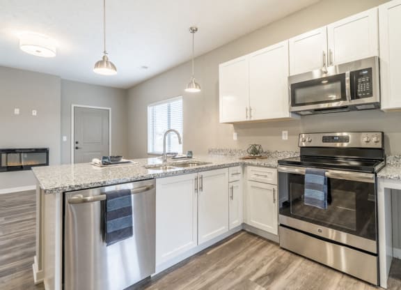 Interiors-2 bedroom apartment kitchen in white design scheme and stainless steel appliances