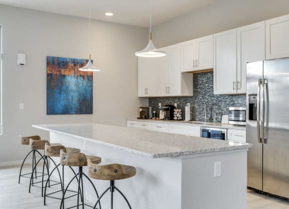 Full kitchen with island in the clubhouse at The Villas at Falling Waters in west Omaha