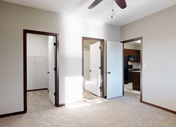 a bedroom with a walk-in closet and attached bathroom