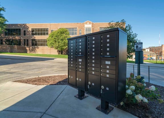 Resident mailboxes outside of The Helen apartments
