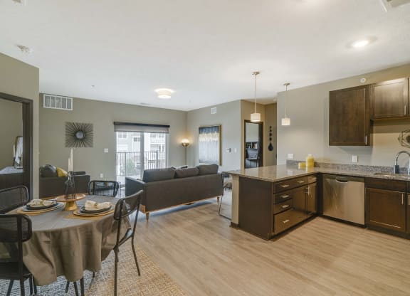 Spacious kitchens with granite countertops at WH Flats new luxury apartments in south Lincoln NE 68516