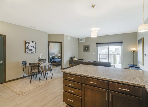 Spacious kitchens with granite countertops at WH Flats new luxury apartments in south Lincoln NE 68516