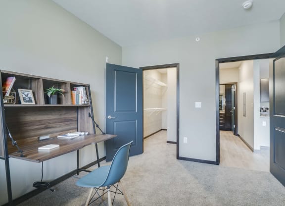 large bedroom with walk in closet at WH Flats new luxury apartments in south Lincoln NE 68516