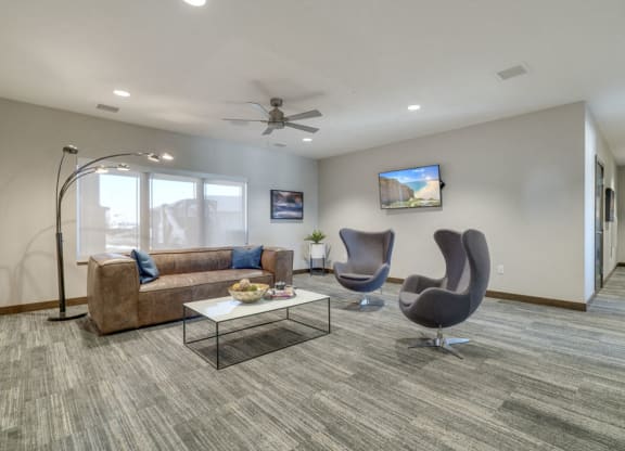 Clubhouse leasing lounge at WH Flats apartments in south Lincoln NE