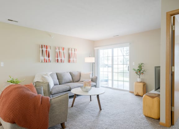 Furnished living room with a couch and a coffee table and orange accents