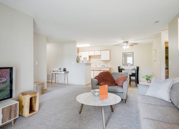 a living room with a couch and a coffee table and a tv