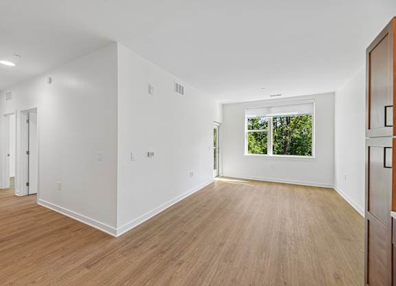 A room with white walls and wooden flooring.