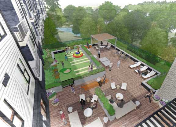 A rendering of a rooftop patio with people sitting and standing around.