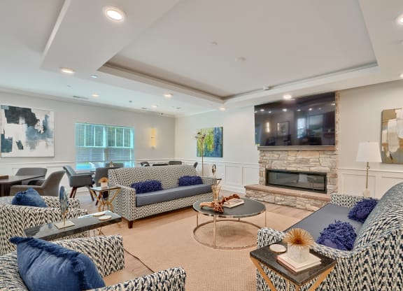 a living room with couches and chairs and a fireplace