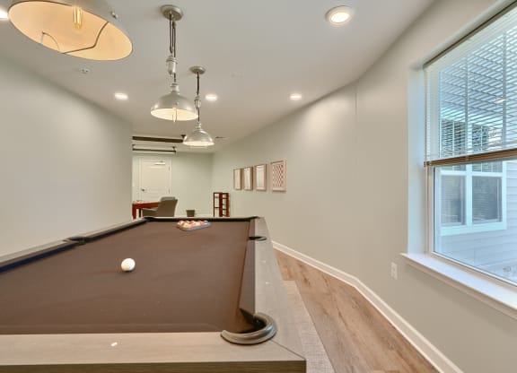a game room with a pool table and two windows