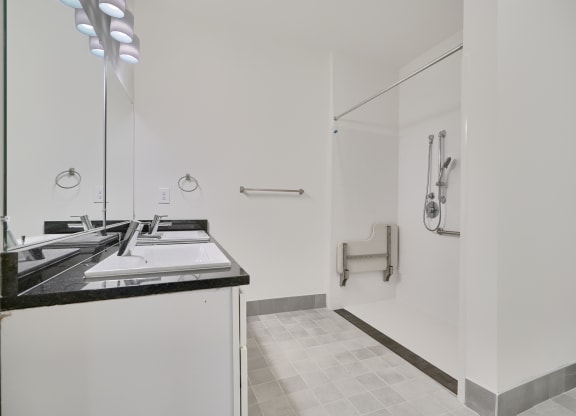 a handicap accessable bathroom with a sink and a shower and a mirror
