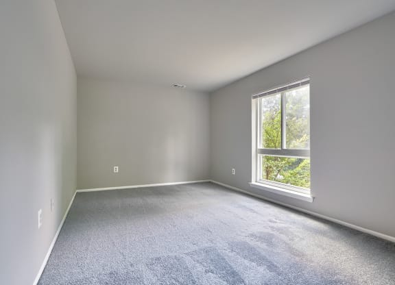 an empty bedroom with a large window and carpet