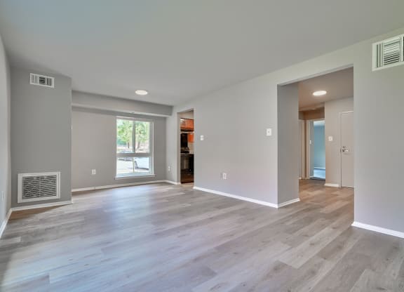 Spacious one bedroom living room with luxury vinyl plank flooring and a large window