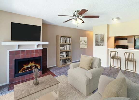 A living room with a fireplace, a television, and a bookshelf.
