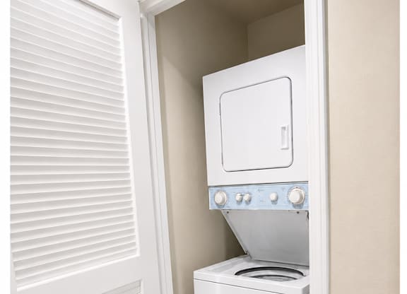A white dryer is in a small closet.