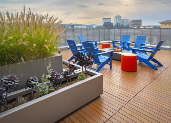 Woodland Hills, CA Luxury Apartments - The Q Variel - Rooftop Terrace with Chairs Around a Fire Pit, Plant Bed with Greenery and Succulent Variety, and City Views