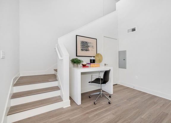 Woodland Hills, CA Lofts for Rent - The Q Variel - Home Office Space by the Stairs with High Ceilings and Luxury Wood Plank Style Flooring