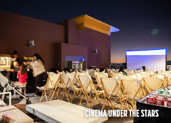 A group of people are sitting in chairs outside watching a movie under the stars.