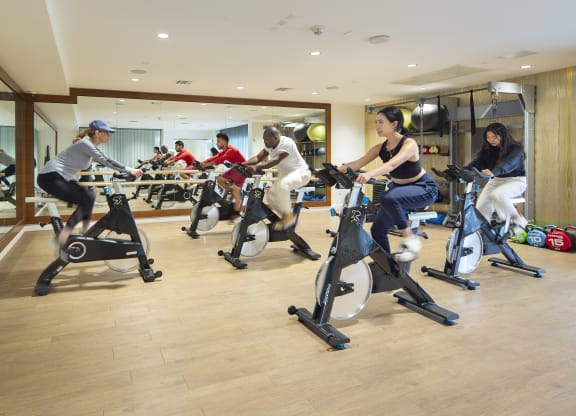a group of people riding exercise bikes in a gym