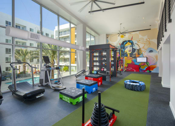a gym with weights and other equipment and a mural on the wall