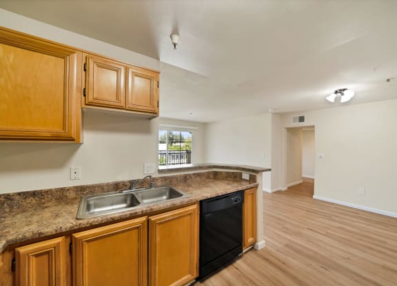 a kitchen and living area