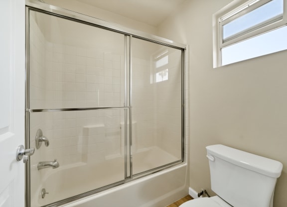 a bathroom with a shower and a toilet