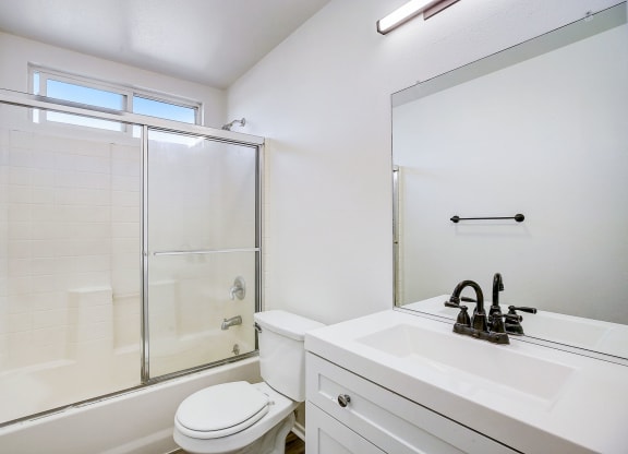 a bathroom with a shower toilet and sink