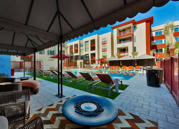 cabanas at resort pool at Elevation on Central Apartments, Phoenix, 85012