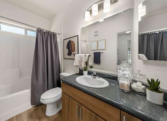 A bathroom with a white toilet, sink, and a mirror.