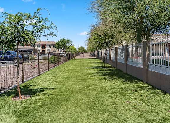 A long grassy area with trees and a fence on both sides.