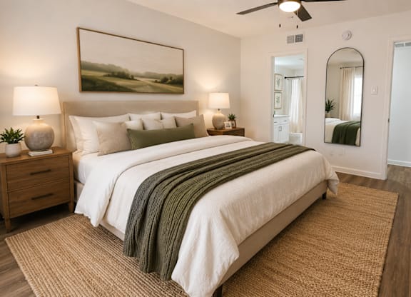 A bedroom with a large bed and a painting on the wall.